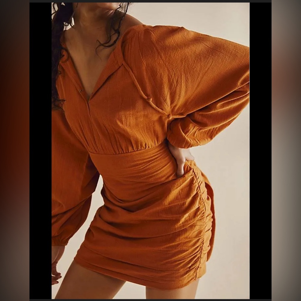 Free People The Only One Long Sleeve Ruched Mini Dress Ochre Rust Orange - XS